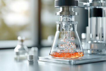 Laboratory experiment with orange liquid and transparent structures. Potential applications include scientific research data analysis and visualizations. Illustrative image for various themes.