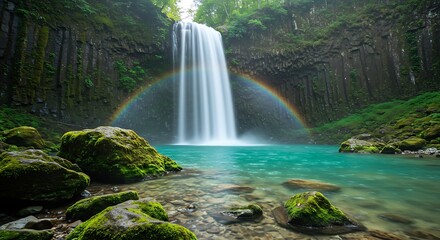 Fototapeta premium The majestic Cascada Brumosa plunges into a vibrant turquoise pool, surrounded by lush greenery and dark, textured cliffs. A rainbow arcs near the base.