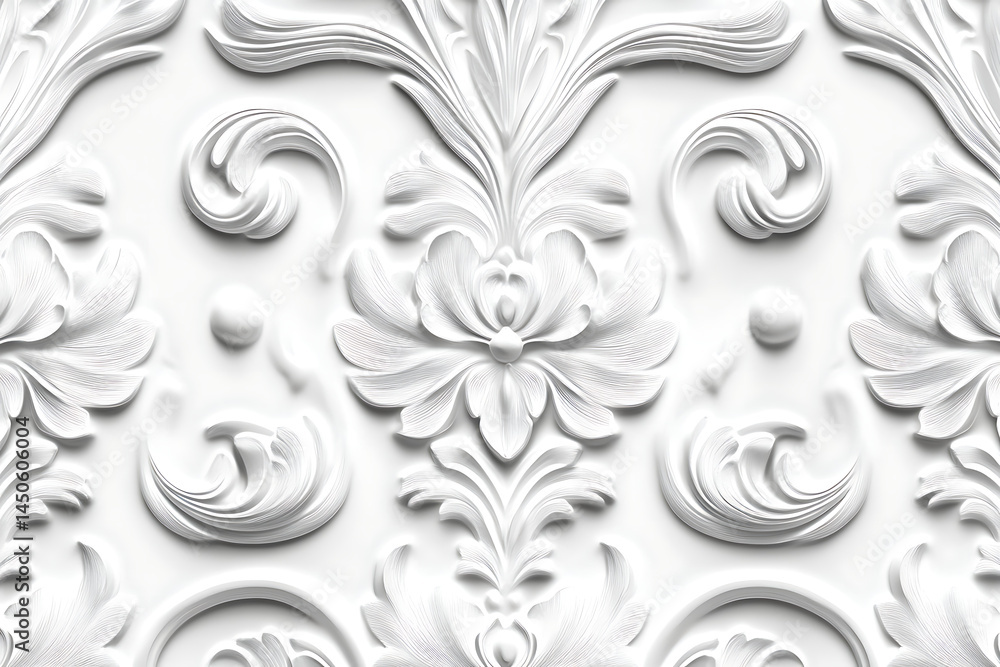 Poster a detailed close up of a white ornate floral pattern with swirls and leaf like shapes in a repeating