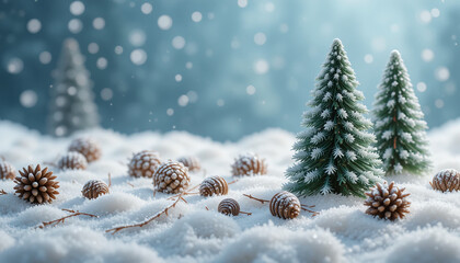 A snowy Christmas tree with pinecones for holiday and winter visuals