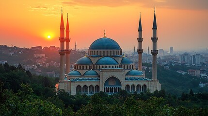 Naklejka premium Sunrise over grand mosque, city skyline