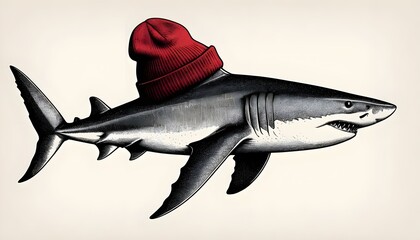 Fototapeta premium Shark in red hat underwater scene digital illustration playful environment side view humorous concept