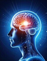 A detailed illustration of a human head, showcasing the brain prominently highlighted in vibrant blue, emphasizing its intricate structure and neural pathways.