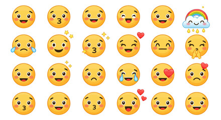 Naklejka premium Twelve Expressive Yellow Emojis with Rosy Cheeks and Varying Emotions