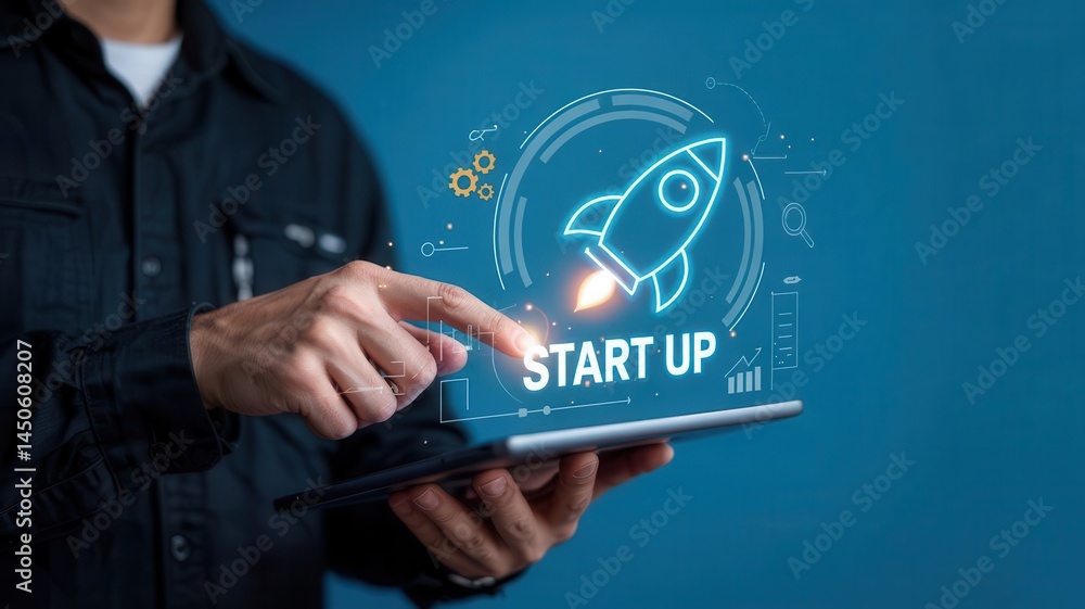 Poster a man using a tablet to visualize a start up concept.