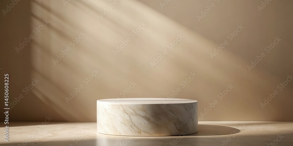 Poster A simple marble pedestal on a soft beige background with subtle light filtering in through a window