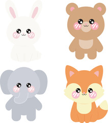 Fototapeta premium Vector set of cute kawaii rabbit, bear, elephant and fox