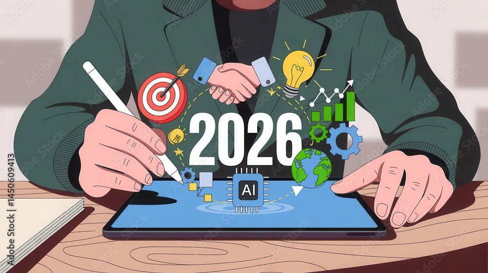 Poster businessperson interacts with tablet displaying 2026 ai concepts.