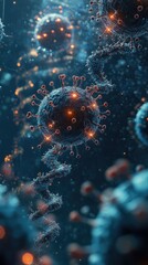 Detailed illustration of microscopic viral structures in a dark environment.