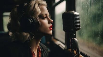 A captivating woman sings into a vintage microphone by a train window.