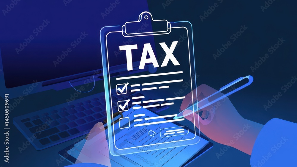 Poster digital tax form being completed on a computer.
