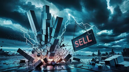 A City Crumbles, "Sell" Sign Swings in a Stormy Apocalypse