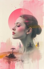 Profile portrait with pink gradient background and circular element. Features dark hair and pink makeup. Silhouetted figures and a solitary tree appear below, creating a surreal atmosphere..