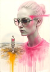 Surreal portrait with bold pink tones featuring a figure with pale hair, designer sunglasses, and pink splatter effects. A smaller figure stands on a beach-like landscape.