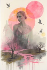 Ethereal feminine portrait with overlapping pink and orange circles, birds in flight, and a dreamlike landscape with pink streams. Transparent figure blends with natural elements in soft hues.