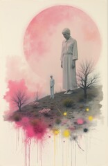 Minimalist composition featuring a tall figure in white clothing against a pink circular background. A smaller figure stands below on sparse terrain with bare trees and colorful paint splatters.