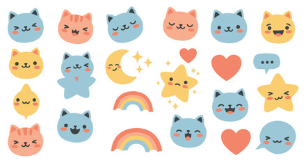 Obraz premium Cute Cartoon Cat Faces and Sky Objects Pattern