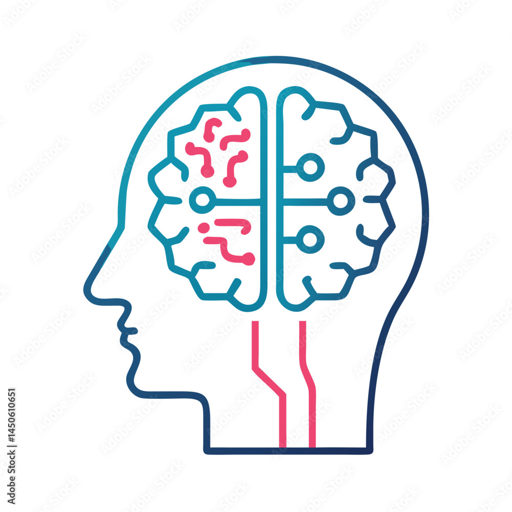 Poster human head with brain circuit icon representing neural connectivity and cognitive technology