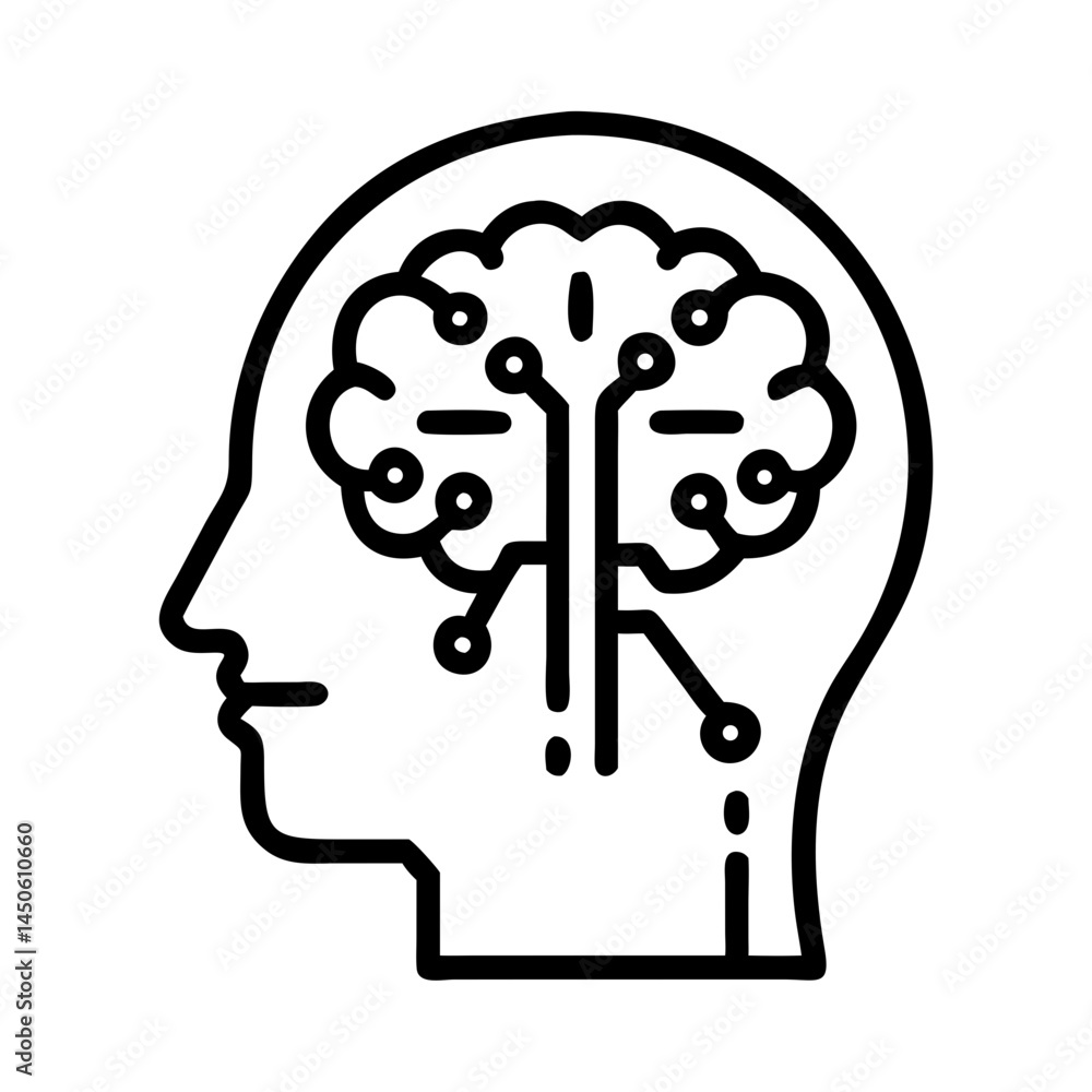 Poster human head with brain circuit icon representing neural connectivity and cognitive technology