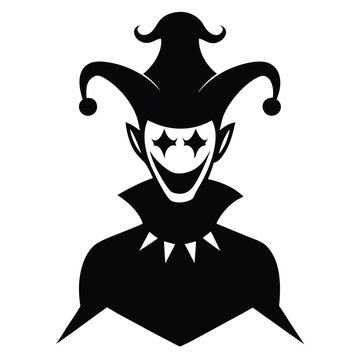 Intricate black and white illustration of a smiling jester character in detailed silhouetted form