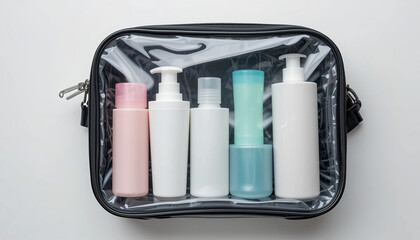 A clear bag with body care bottles for travel or beauty product setups