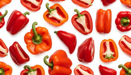 Vibrant bell peppers arrangement kitchen counter food photography bright lighting close-up fresh produce
