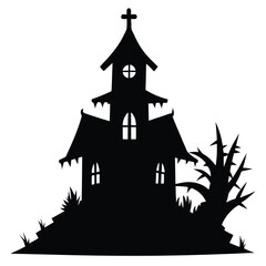 Spooky silhouette of a haunted church with cross spooky tree and halloween decoration