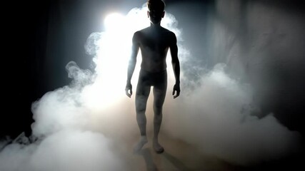 Mysterious silhouette of a person emerging from dense fog into the light in a dark room, dramatic atmosphere and concept