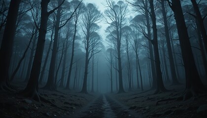 A Misty, Eerie Forest Path Under a Gloomy Sky