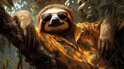 Obraz premium Three-toed sloth relaxing on a tree branch wearing sunglasses and tropical shirt, vacation mood, fauna chill lifestyle. on a transparent background, PNG image, PNG file.
