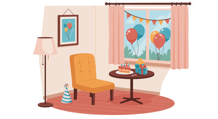Cozy Interior Scene with Party Decorations, Furniture, and Artwork.