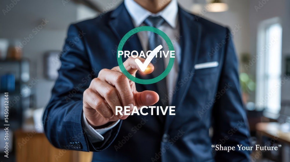 Poster businessman selecting proactive approach over reactive approach.