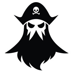 Black and white pirate illustration with skull and crossbones on a white background