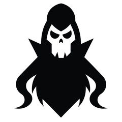 Black and white graphic of a grim reaper skull in a cloak representing death and the undead.