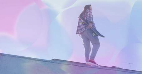 Female skateboarder standing on skate ramp, displaying marketing data with pastel bokeh visuals - Powered by Adobe