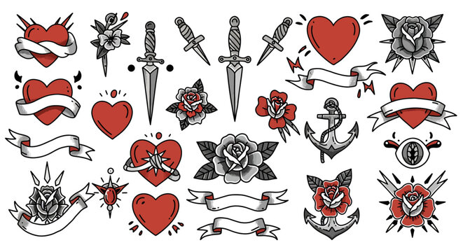 Traditional Tattoo Flash Sheet: Hearts, Daggers, Roses, and Banners