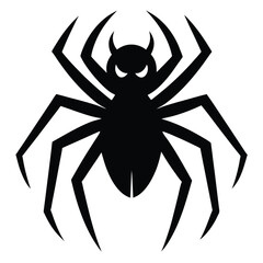 Vector illustration of a spooky black spider with horns and evil eyes on white background