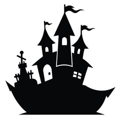 Spooky black silhouette castle with flags tombstones and festive halloween decorative elements