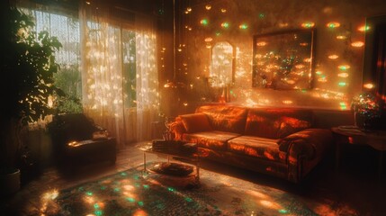 Warm, glowing interior of a living room, filled with lights.