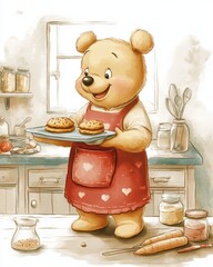 cartoon character of a cute bear baking cookies in the kitchen