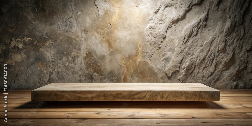 Aufkleber A rustic wooden platform with a textured stone wall backdrop, perfect for showcasing products or creating a visually appealing composition.