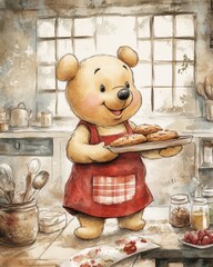 cartoon character of a cute bear baking cookies in the kitchen