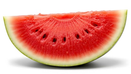Photorealistic close-up of a slice of watermelon with juicy red flesh and visible seeds, isolated, clean white background