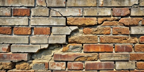 Obraz premium A weathered brick wall with cracks and imperfections, showcasing the passage of time and the resilience of the structure.