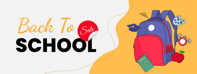 Yellow banner sale back to school with backpack, pencil, ruler, eraser, calculator, toga hat and clock hand drawn
