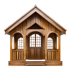 Elegant wooden house facade with detailed craftsmanship featu arched and a symmetrical structure, showcasing traditional architectural design and natural wood finish