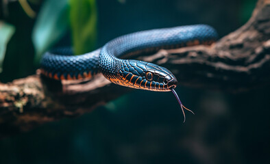 Naklejka premium Closeup of a Black Snake on a Branch in the Rainforest