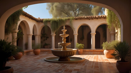 Serene Spanish-Style Courtyard with Fountain and Terracotta Elements: A Peaceful Outdoor Retreat