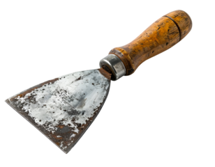 vintage metal scraper tool with wooden handle on isolated background for construction and renovation work
