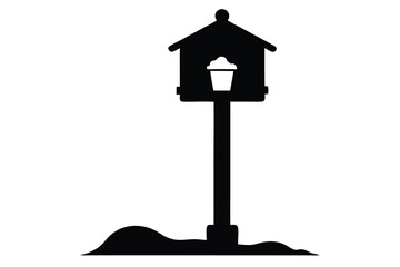Silhouette of a stylized birdhouse on a pole with a simple design against a white background